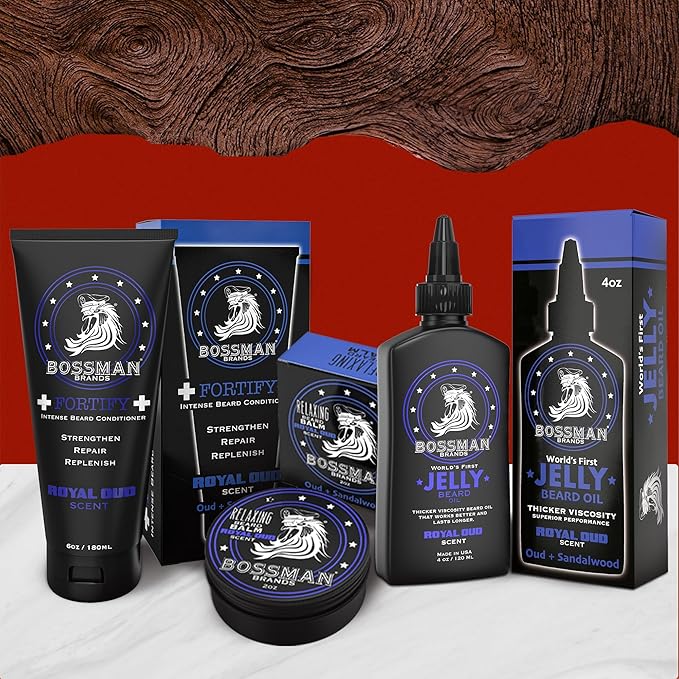 Bossman Essentials Beard Kit for Men – Beard Oil Jelly, Fortifying Conditioner Cream & Beard Balm – Grooming Care Accessories (Royal Oud Scent)