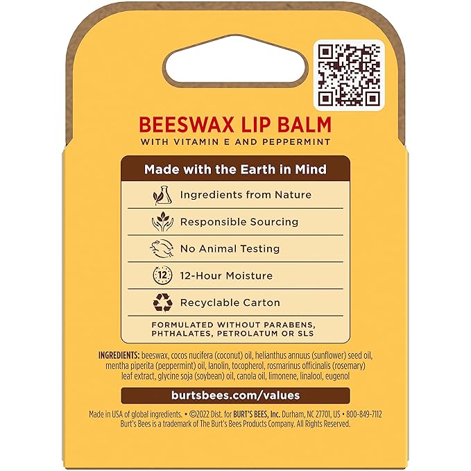 Burt's Bees Beeswax Lip Balm, Lip Moisturizer With Responsibly Sourced Beeswax, Tint-Free, Natural Conditioning Lip Treatment, 4 Tubes, 0.15 oz.