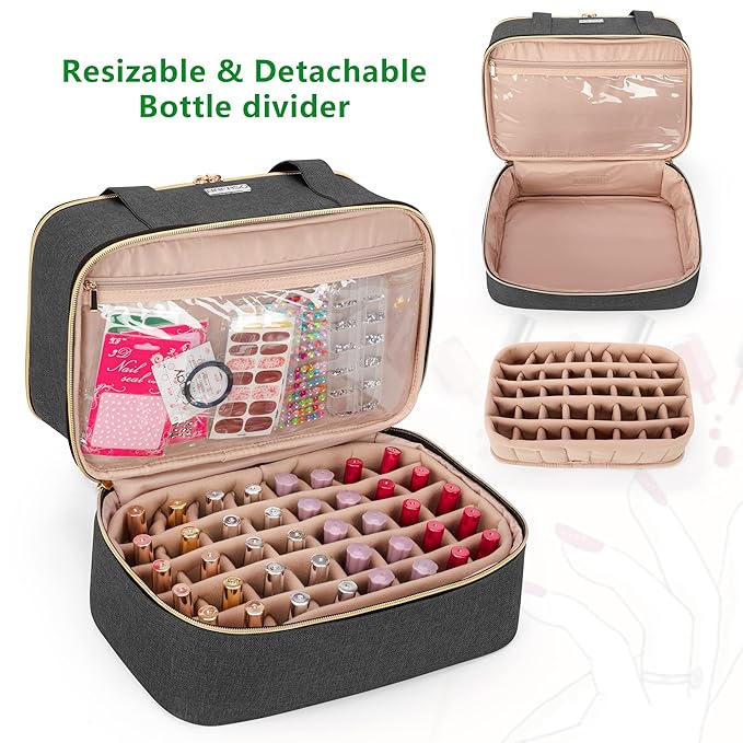 BAFASO Nail Polish Organizer Holds 40 Bottles (15ml - 0.5 fl.oz) and a Nail Lamp, Nail Polish Carrying Case with Manicure Tools Storage Sections (Bag Only), Black