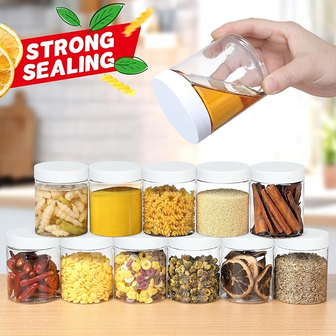 48 PCS 8 OZ Plastic Jars with Screw On Lids, Pen and Labels Refillable Empty Round Slime Cosmetics Containers for Storing Dry Food, Makeup, Slime, Honey Jam, Cream, Butter, Lotion, White