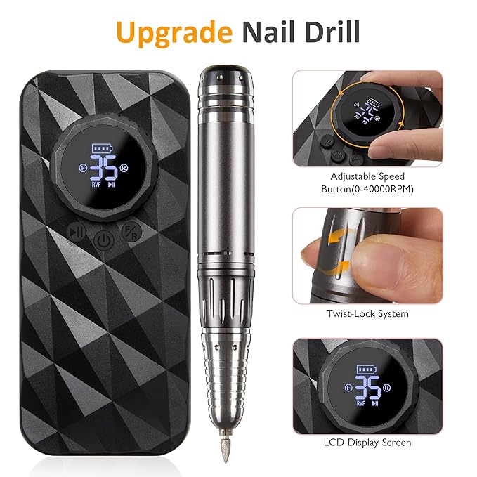Sunvivi 40000RPM Electric Nail Drill, Rechargeable Nail File Set for Acrylic Nails Gel Polishing, Professional Nail E File Manicure Pedicure Tools with Nail Drill Bits for Home Salon Use