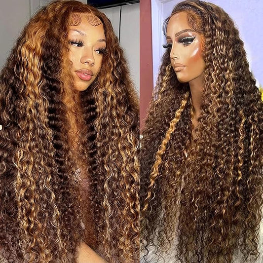 30inch Highlight Ombre Lace Front Wig Human Hair 13x6 HD Honey Blonde P4/27 Deep Wave Lace Frontal Wigs Human Hair Pre Plucked 180% Density Curly Water Wave Wigs for women
