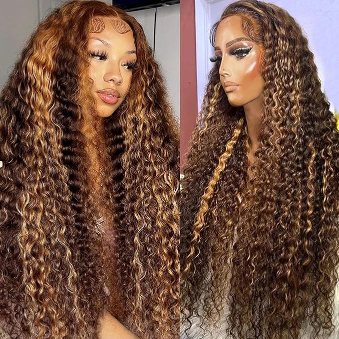 26 inch 13x6 Highlight Ombre Lace Front Wigs Human Hair P4/27 Honey Blonde Lace Frontal Wigs Human Hair 180 Density Colored deep Curly HD Lace Front wigs Human Hair Wig Pre Plucked with Baby Hair