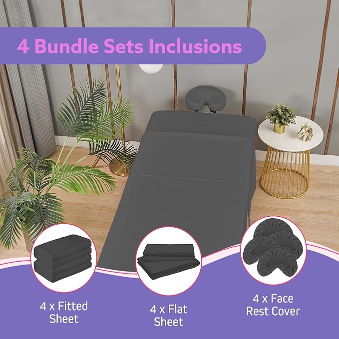 Massage Table Sheets Sets – 4 Set Bundle, 120GSM Double Brushed Microfiber, Premium Massage Sheets Sets, Spa Bed Sheets for Esthetician, Wrinkle & Oil Resistant, Gray