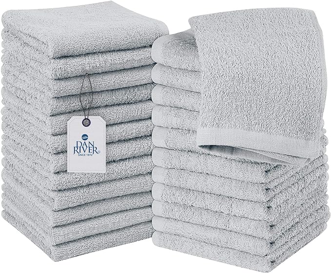 DAN RIVER 100% Cotton Washcloths 24 Pack Premium Quality Face and Body Cloth, Quick Dry Essential Towels for Bathroom, Hand, Kitchen & Cleaning, Baby Washcloths | 12X12 in | 400 GSM | Silver