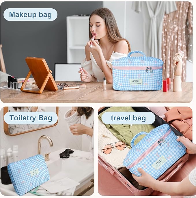 3Pcs Makeup Bag Cotton Quilted Travel Cosmetic Bag Cute Floral Makeup Pouch Large Toiletry Bag for Women Girls (Plaid Bow-Blue)