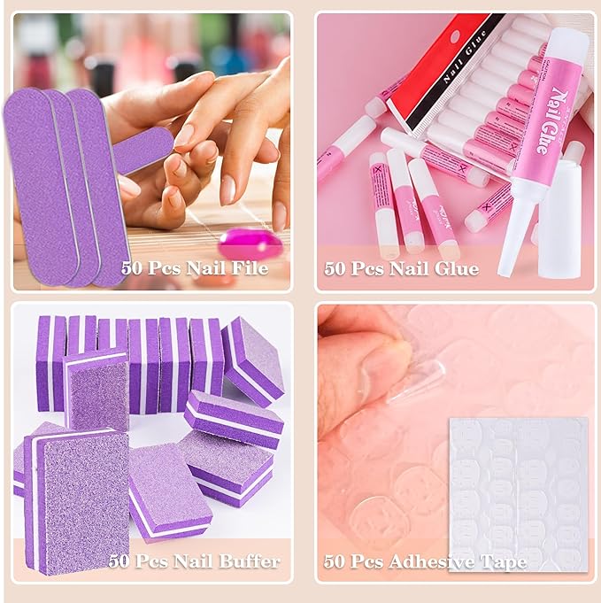 50 Set Press On Nail Tool Prep Kit for Salon Business, Disposable Manicure Kit with Nail File, Buffer, Glue, Prep Pad, Instruction Card, Adhesive Tabs, Wood Stick, Purple Packaging Bag