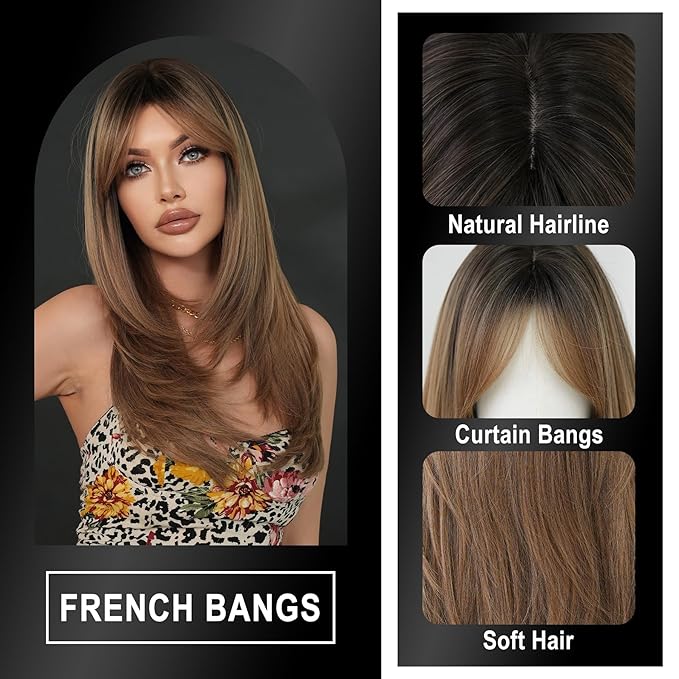 7JHH WIGS Long Blonde Brown Highlight Wig with Bangs for Women Heat Resistant Fiber 25 Inch Layered Synthetic Hair Wigs with Dark Roots for Daily Use