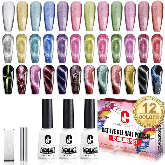 Clara Colors 12 Colors Cat Eye Gel Nail Polish Set Not Black Magnetic Nail Polish Set Holographic Glitter 9D Galaxy Series Cat Eye Gel Polish Set with 2 Magnet Stick for Home DIY Soak Off UV LED