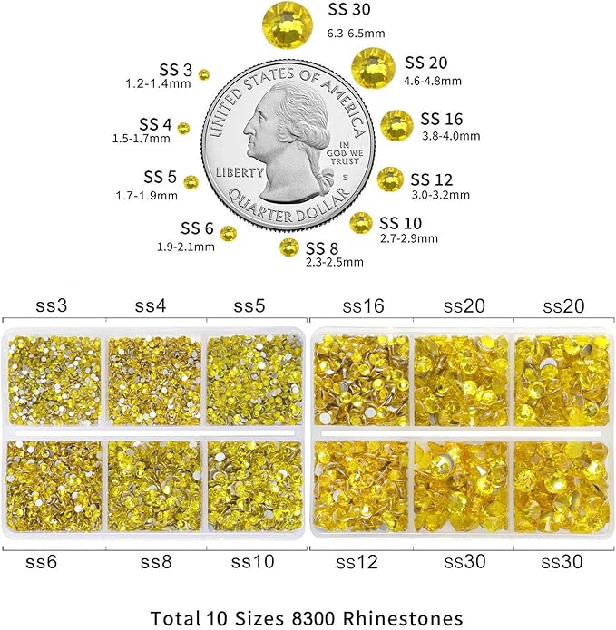 Beadsland 8300PCS Flatback Rhinestones, Yellow Rhinestone Nail Gems Round Crystal Rhinestones for Crafts, Mixed 10 Sizes with Wax Pencil and Tweezer Kit, SS3-SS30, Citrine/Lemon Yellow