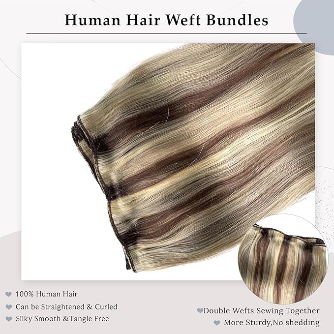 Hand Tied Weft Hair Extensions - 14 Inch Sew In Real Human Hair Weave Bundles - 80G Brown Balayage Ash Blonde Mixed Blonde