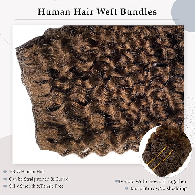 Ubetta Human Hair Weft Extensions, 22 Inch Chocolate Brown Sew in Hair Extensions Real Human Hair Weft Weave Hair Extensions 120G Double Weft Full Head Curly Human Hair Weaves Hair Weft Bundles