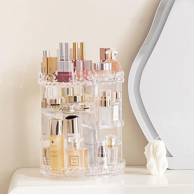 HBlife 360 Rotating Makeup Organizer Adjustable Carousel Diamond Large Capacity Revolving Perfume Organizer Skincare Organizers Cosmetic Storage Spinning Holder for Vanity, Plus Size Clear