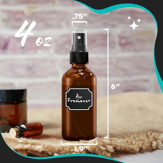 Nevlers 4 Oz Amber Spray Bottles 24 Pack | 118 mL Amber Glass Bottle Sprayer Set w/Funnel, Brush, Labels & Marker | Mist Bottle For Use as Travel Liquid Bottles for Fragrances, Essential Oils & More