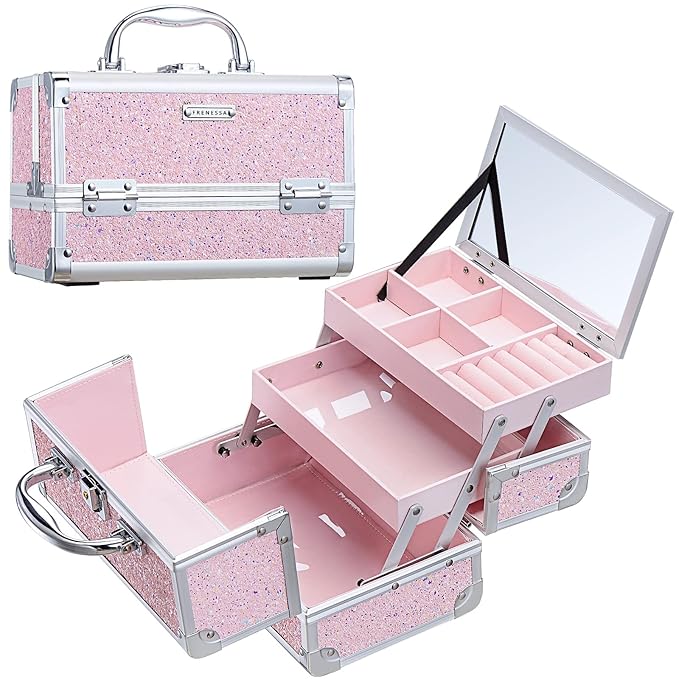 FRENESSA Makeup Case Organizer Portable Makeup Train Case Cosmetic Box with Mirror Jewerly Tray for Artist Nail Supplies Make Up Cases Organizers and Storage Vanity Cases Pink