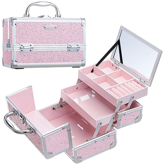 FRENESSA Makeup Case Organizer Portable Makeup Train Case Cosmetic Box with Mirror Jewerly Tray for Artist Nail Supplies Make Up Cases Organizers and Storage Vanity Cases Pink