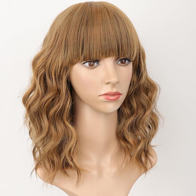 AISI HAIR Synthetic Curly Bob Wig with Bangs Natural Brown with Honey Blonde Highlight Ombre Short Wavy for Women Natural Looking Heat Resistant Bob Wigs