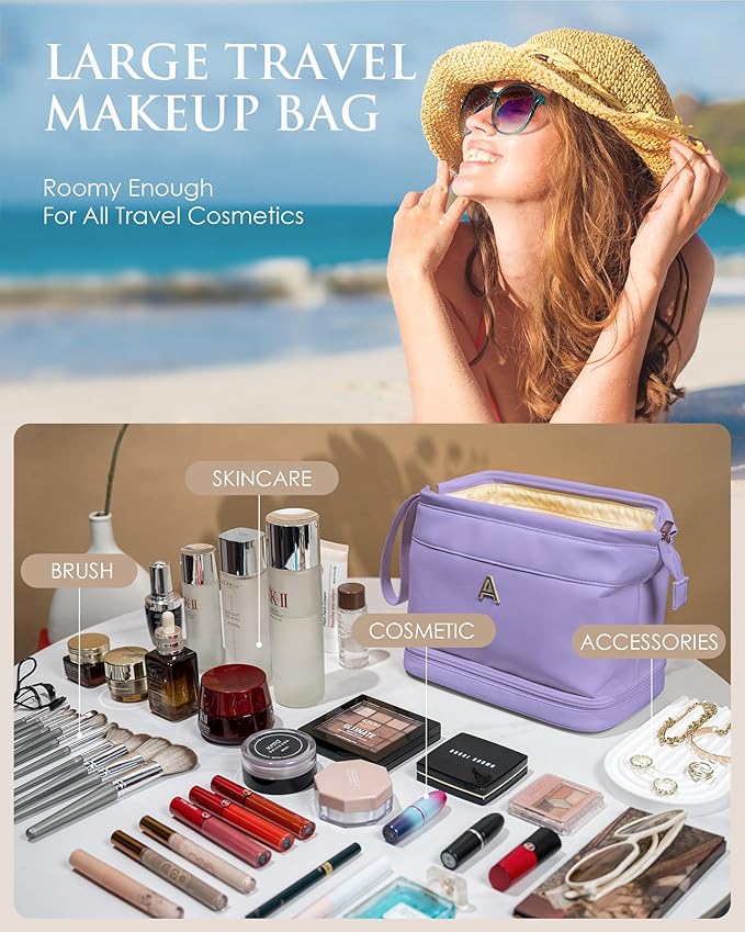 Bridesmaid Gifts-Gifts for Women, Initial Large Makeup Bag, Travel Essentials, Double Layer Cosmetic Bag with Makeup Brush Organizer, Gifts for Friends Female, Graduation Gifts for Daughter