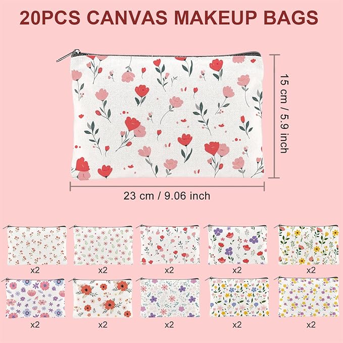 20PCS Flower Canvas Makeup Bags Bulk Floral Cosmetic Bags for Women and Girls Spring Multicolor Travel Pouch Wildflower Canvas Toiletry Bag Bulk Makeup Organizer Bags Group Gifts for Women