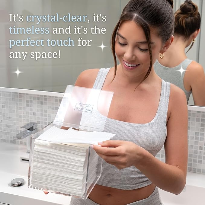 CLEAN SKIN CLUB Clear Acrylic Box for Clean Towels XL (NOT Included), Container For 50 Disposable Clean Towels XL, Face Towelettes Bathroom Counter Storage, Stone Bin for Cleansing Facial Dry Wipes