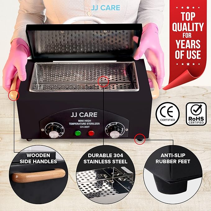 JJ CARE Dry Heat Sterilizer for Metal Tools, 1.8L High Temp Sterilizer for Nail Tools with Timer, Stainless Steel Nail Tool Sterilizer, Auto-Shut Off Sterilization Machine, Nail Sterilizer Machine