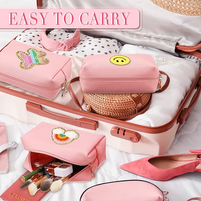 Sanwuta 9 Pcs Preppy Makeup Bag PU Leather Cosmetic Bag Makeup Pouch Plain Waterproof Toiletry Organizers for Traveling Preppy Travel Purse End of the Year Teacher Gifts Bulk(Pink)