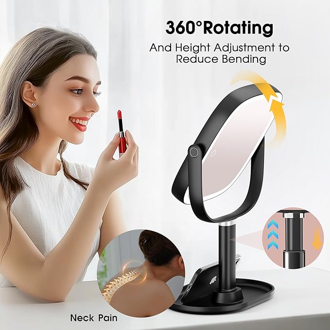 Makeup Vanity Mirror with Lights - 10x/1x Magnifying Mirror with Light, Rechargeable Desk Mirror with 3-Color Lighting & Memory Function, 360° Adjustable Table Mirror, Gift for Women (Black)