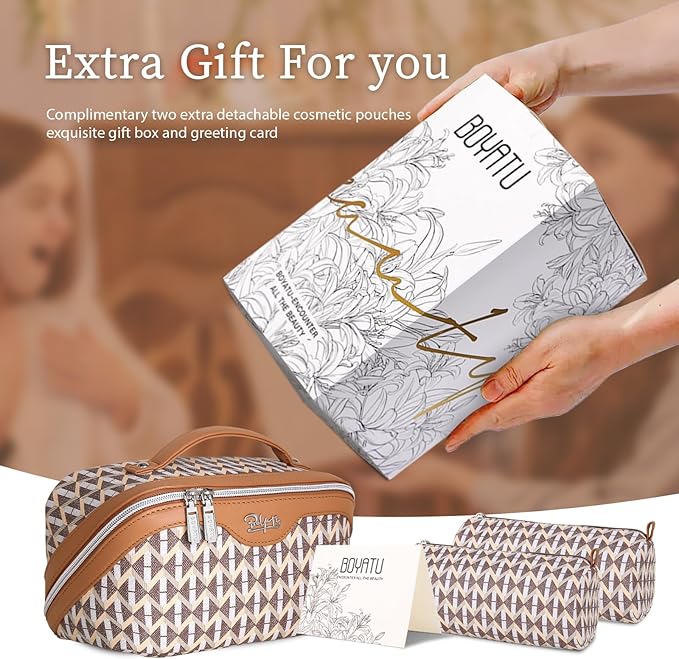 BOYATU Travel Makeup Bags for Women: Large Capacity Cosmetic Bag Set of 3 - Vegan Leather Make up Bags with Compartments - Wide Open Waterproof Toiletry Organizer Bag with Handle (E-05-Brown)