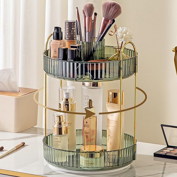 Aveniee Rotating Makeup Organizer for Vanity, Upagraded Perfume Skincare Bathroom Counter Organizers with Brush Divider, 2 Tier Spinning Lipstick Cosmetic Lotion Storage(Green)