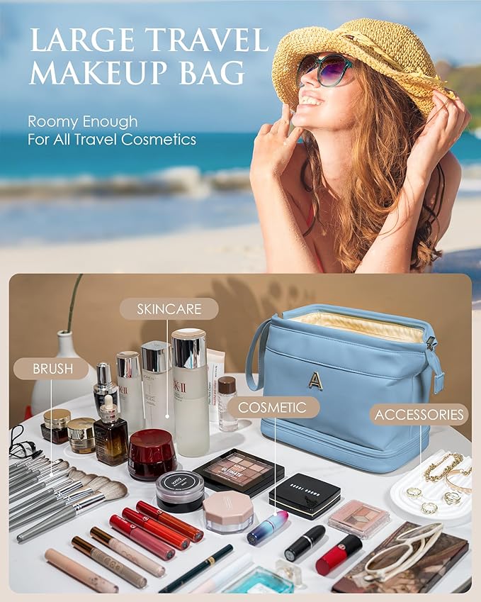 Birthday Gifts for Girls, Initial Large Makeup Bags, Personalized Double Layer Cosmetic Bag with Makeup Brush Organizer,Toiletry Bag, Gifts for Women Girlfriend Friends Female Mom Sister