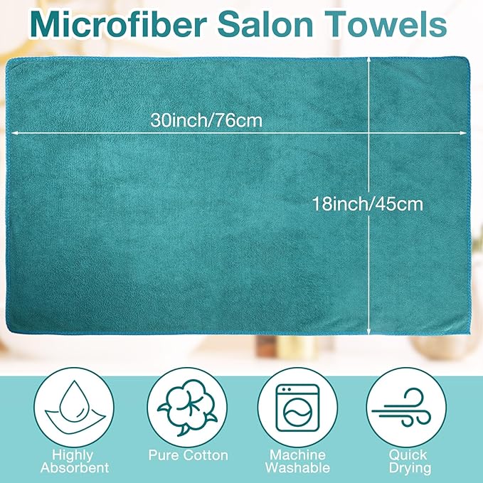 Newwiee 72 Pack Microfiber Bleach Proof Towels Bulk for Salon 18 x 30 Inch Dry Lint Free Hair Drying Hand Towels for Hair, Gym, Bath, Spa, Shaving, Barber(Green)