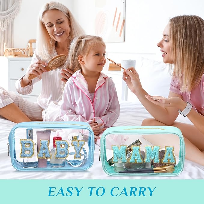 4 Pcs Mama and Baby Toiletry Bag Clear Chenille Letter Pouch Snacks Makeup Stuff Travel Diaper Bag Preppy Transparent Pouch with Zipper for Women Gift(Fresh Color)