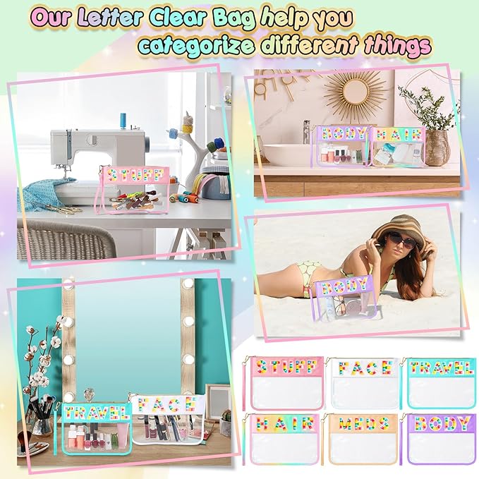 Abbylike 6 Pcs Chenille Letter Clear Zipper Pouch Summer Waterproof Cosmetic Pouch Travel Gym Beach Hawaii Bag Travel Patch Purse Makeup Letter Bag for Women Girls, 6 Colors(Light Colors,Classic)