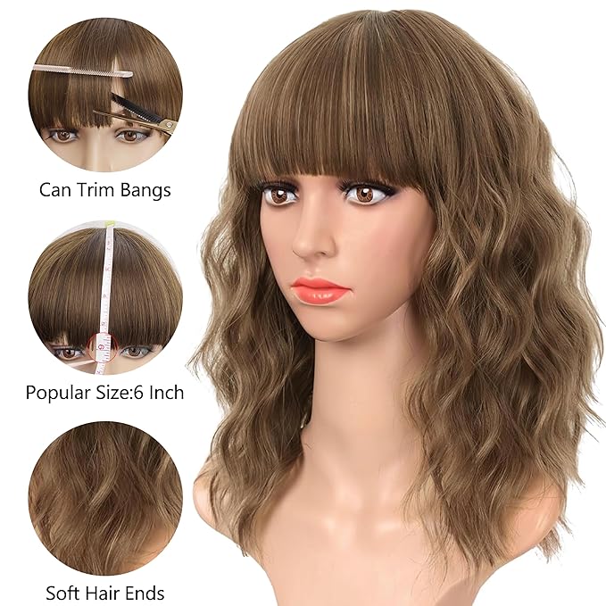 AISI HAIR Synthetic Wavy Curly Bob Wig with Bangs Brown mix Caramel Blonde Short Hair for Women Synthetic Heat Resistant Bob Wigs