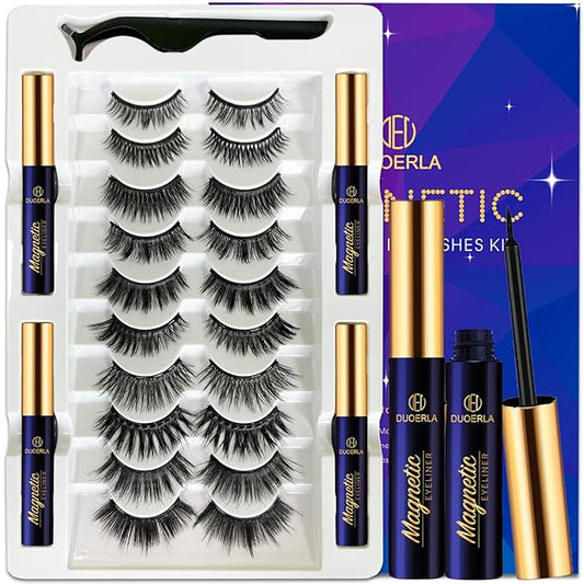 Magnetic Eyelashes with Eyeliner Kit - DUOERLA Magnetic Lashes with Eyeliner - Reusable 3D 5D Natural Look False Eyelashes Magnetic Eye Lashes for Women Easy to Use,10 Pairs.