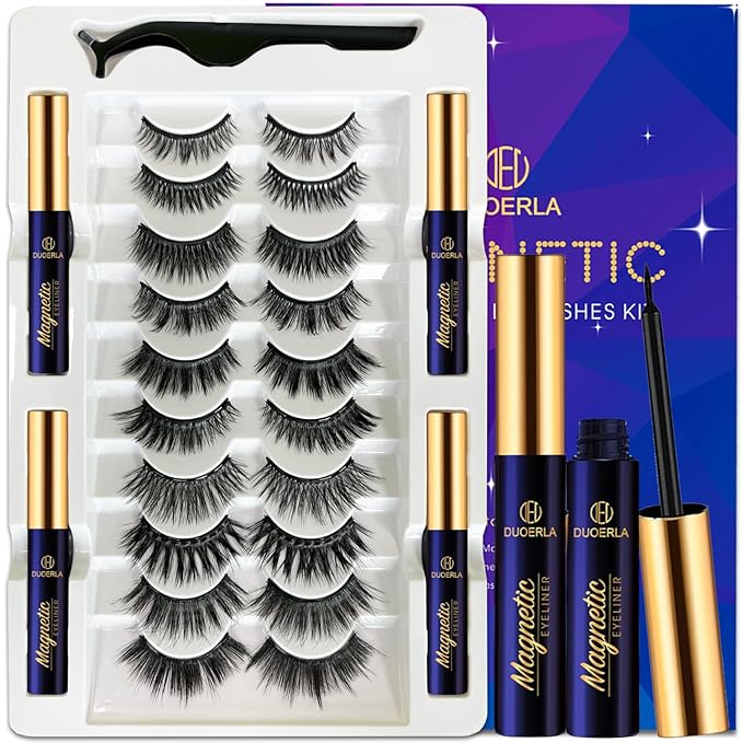 Magnetic Eyelashes with Eyeliner Kit - DUOERLA Magnetic Lashes with Eyeliner - Reusable 3D 5D Natural Look False Eyelashes Magnetic Eye Lashes for Women Easy to Use,10 Pairs.