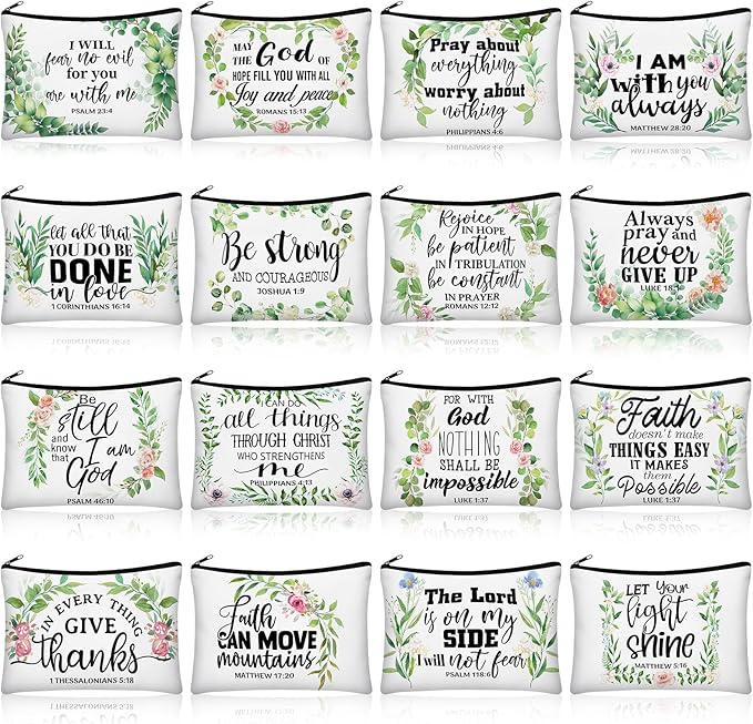 Pinkunn 16 Pcs Canvas Cosmetic Bag Bulk Inspirational Quotes Makeup Bags with Zipper Encouragement Travel Toiletry Pouch Appreciation Gift for Christmas Teacher Birthday Graduation(Bible Leaves)