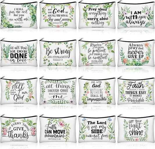 Pinkunn 16 Pcs Canvas Cosmetic Bag Bulk Inspirational Quotes Makeup Bags with Zipper Encouragement Travel Toiletry Pouch Appreciation Gift for Christmas Teacher Birthday Graduation(Bible Leaves)
