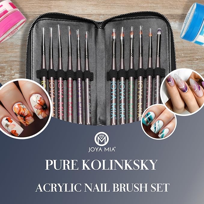 Kolinsky brush set 100% Pure Kolinsky Acrylic Nail Brush by Joya Mia Nail Art set brush Polish Brush Nail Tool (SET, Black)