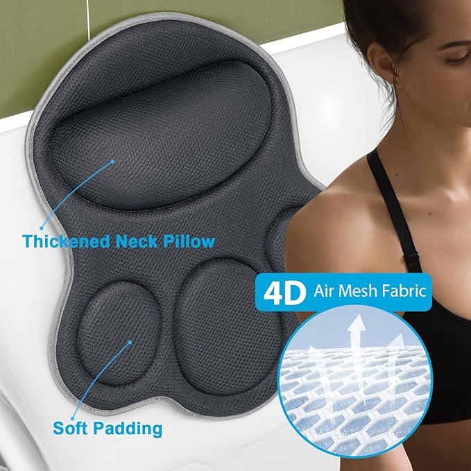 Luxury Bath Pillows for Tub – Extra Thick Non-Slip Bathtub Pillow with Rubber Back, Head & Neck Support for Soaking, Spa Bath Accessories, for Women, Fits All Bathtubs (Gray)