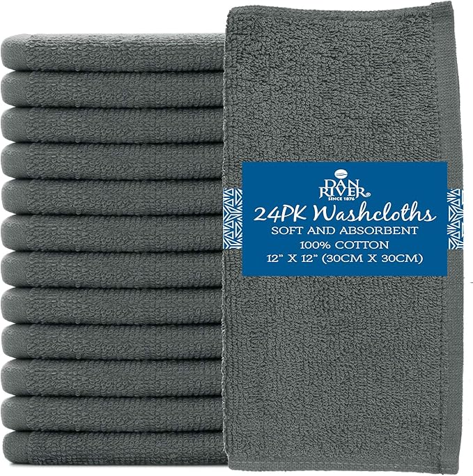 DAN RIVER 100% Cotton Washcloths 24 Pack Premium Quality Face and Body Cloth, Quick Dry Essential Towels for Bathroom, Hand, Kitchen & Cleaning, Baby Washcloths | 12X12 in | 400 GSM | Gray