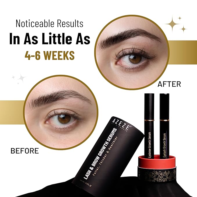 Azeze Eyelash and Eyebrow Growth Serum Set - Oil-Free, Hormone-Free Brow and Lash Serum for Eyelash & Eyebrow Growth and Thickness