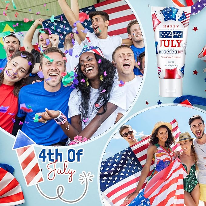 24 Pcs Mini Sunscreen Bulk for Summer Wedding Party Spf 30 Water Resistant Sunscreen Lotion Bulk 1oz Travel Size for Thank You Gifts Wedding Party Supplies(White Cream,Independence Day)