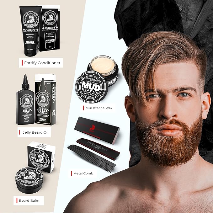 Bossman Complete Beard Kit – Men's Beard Oil Jelly, Fortifying Shower Conditioner, Balm, Mustache Wax & Comb – Beard Softener & Grooming Care (Naked - Unscented)