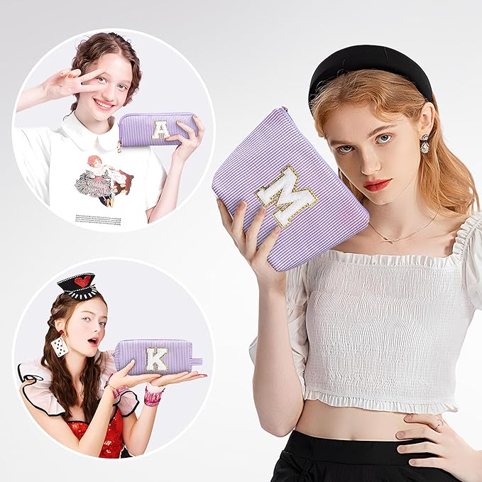 YOOLIFE Birthday Gifts - Personalized Monogram Makeup Bag Cosmetic Bag Travel Toiletry Bag Birthday Gifts for Women Her Bridesmaid Friend Sister Wife Girlfriend Daughter Gifts Purple A