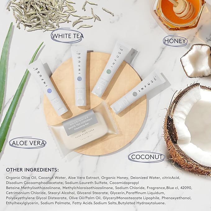 Infuse Pure White Tea and Coconut Hotel Soaps and Toiletries Bulk Set | 1-Shoppe All-In-Kit for Airbnb | 1oz Shampoo & Conditioner, Body Wash, Lotion & 1.25oz Bar Soap | Travel Size 300 Pieces