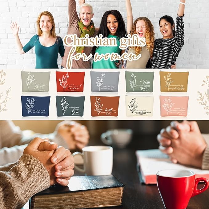 10Pcs Christian Gifts for Women Religious Cosmetic Bags Inspirational Bible Verse Pencil Pouch Canvas Makeup Bags Bulk with Zipper for Mother Sister Church Favors