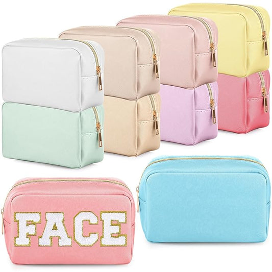 Sweetude 10 Pcs Preppy Makeup Bag Bulk Cosmetic Bag Bridesmaid Gift Wedding Day Bachelorette Party Favor Toiletry Pouch DIY PU Leather Skincare Pouch for Women(Classic Color)