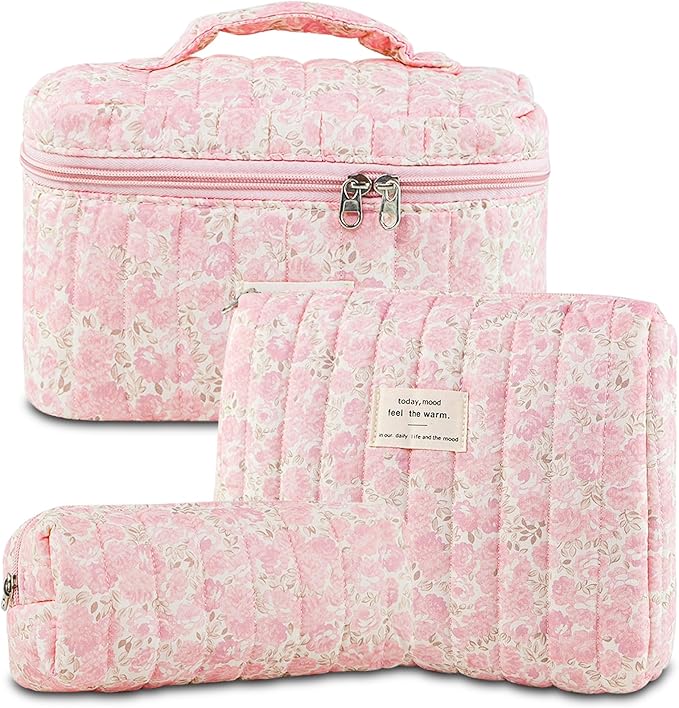 3Pcs Makeup Bag Cotton Quilted Travel Cosmetic Bag Cute Floral Makeup Pouch Large Toiletry Bag for Women Girls (Flowers-Pink3)