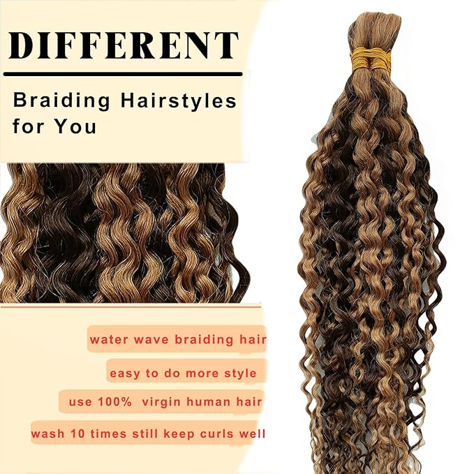 Ombre Braiding Hair 2 Bundle 100g 4/27 Human Braiding Hair Deep Water Wave Honey Blonde Braiding Hair Highlight Bulk Human Hair 12A Brazilian Brown Bariding Hair (22 Inch)